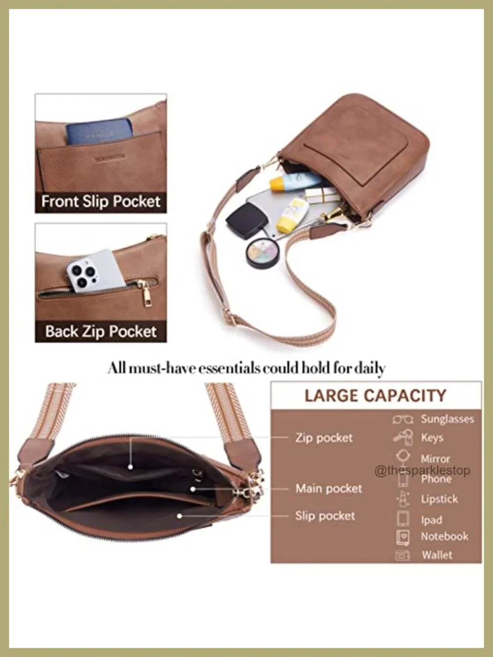 Vegan Leather Crossbody Hobo Bag with Wide Guitar Strap, Multi-Pocket Purse